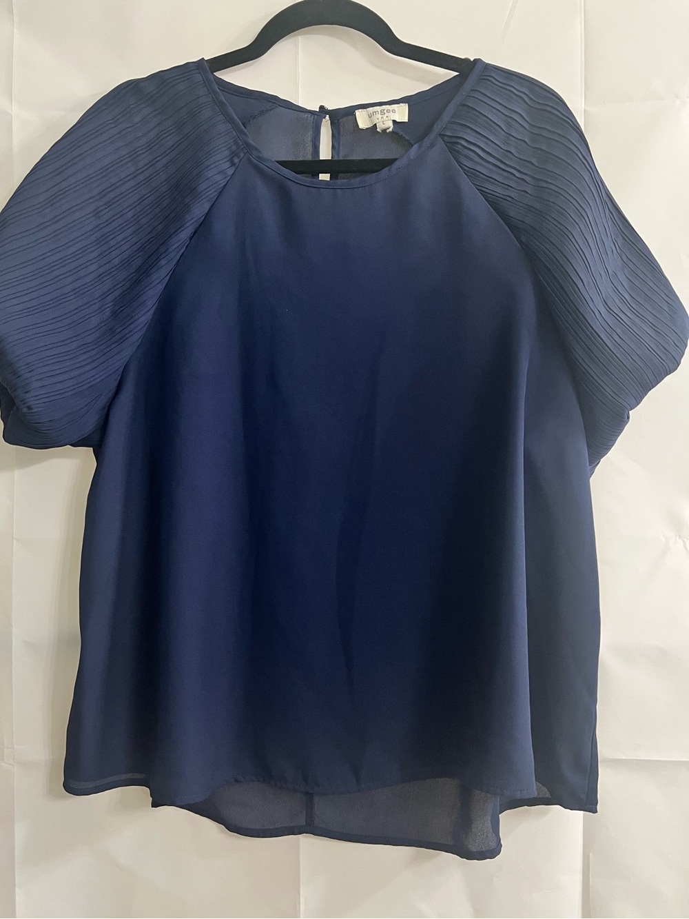 UmGee Round Neck Navy Blue Pleated Balloon Sleeve Blouse - Boho Chic Size Large